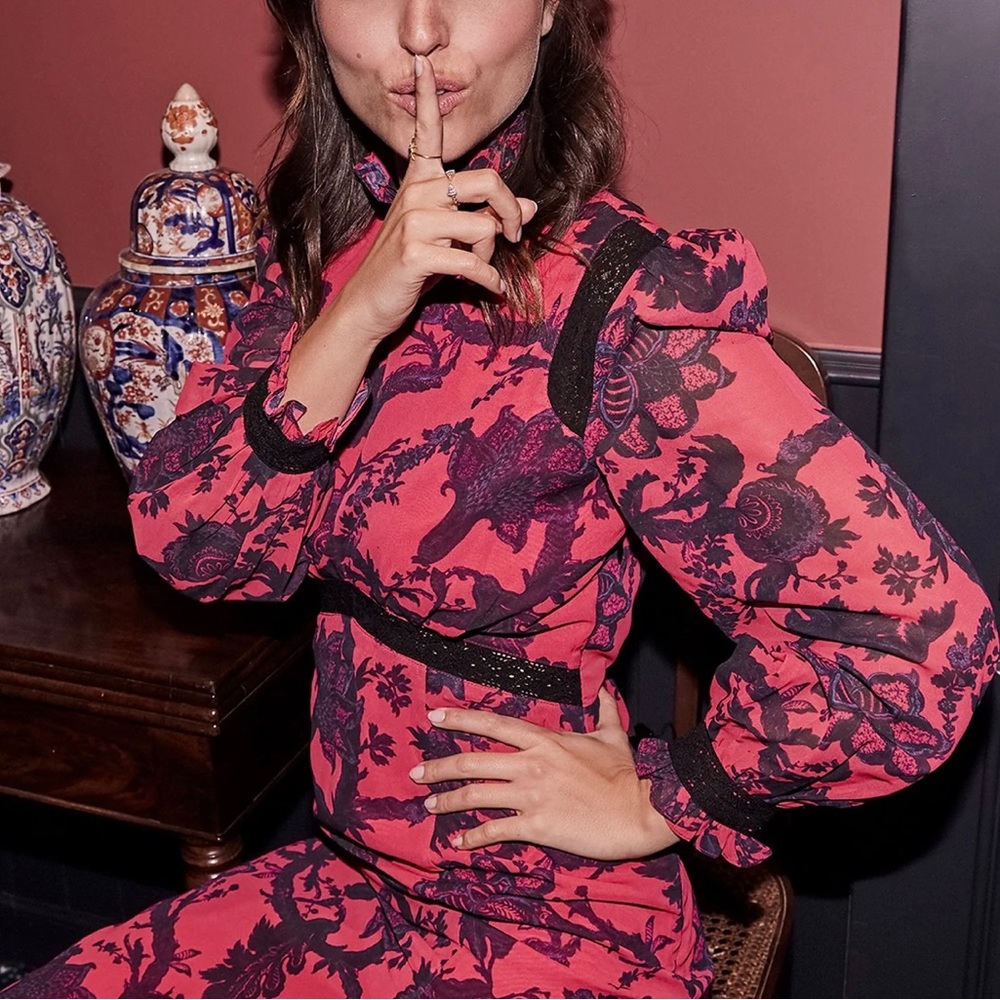 Pencil Dress With Frill Cuff And Contrast Lace Trim